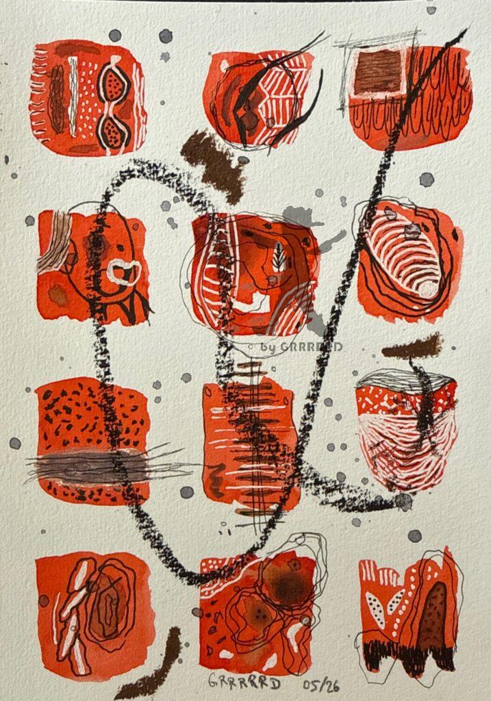 Abstraktes Mixed-Media-Kunstwerk „Alpha fantasy in vermilion“ in zinnoberrot und weiß mit weicher Linienführung und organisch wirkenden Elementen.