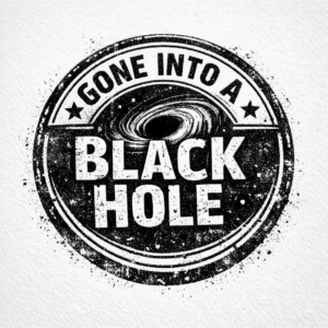 Stempel mit der Aufschrift "Gone into a black hole"