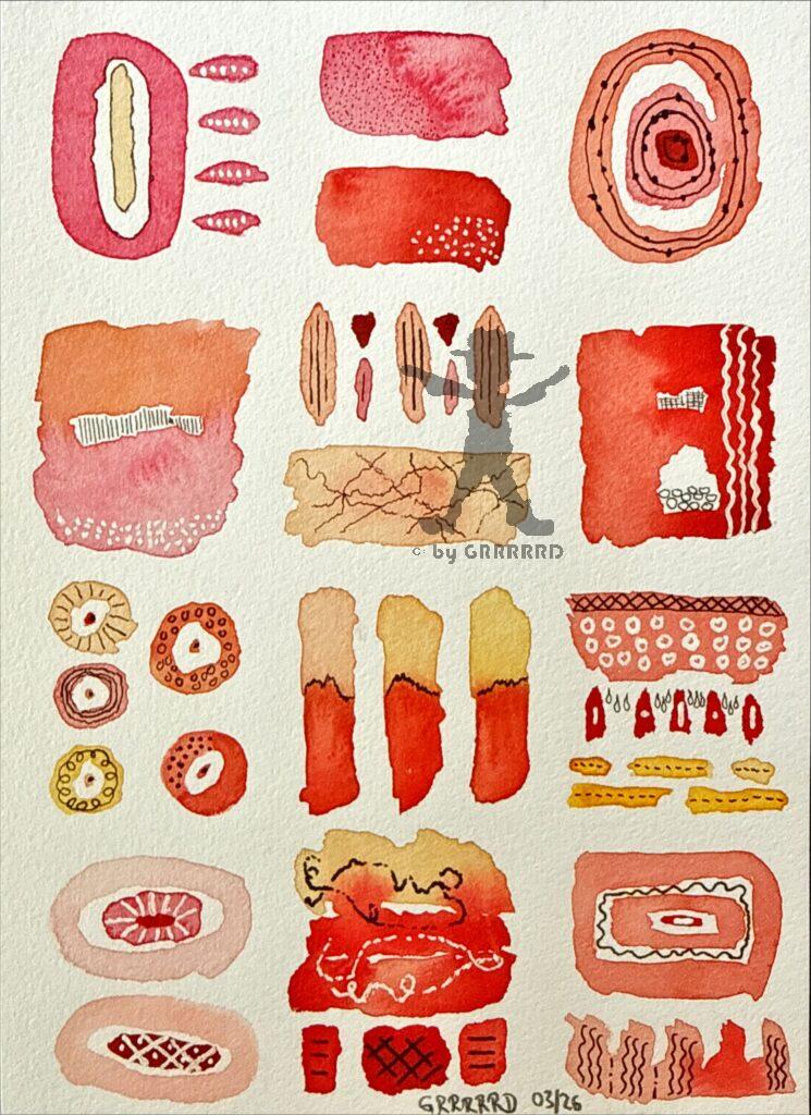 Abstraktes Mixed-Media-Kunstwerk „Free-floating Elements (red/rose)“ in Rot-, Rose- sowie Orange-Gelb-Tönen mit Formen der irdisch-realen und organischen Welt in abstrahierten Elementen dargestellt.