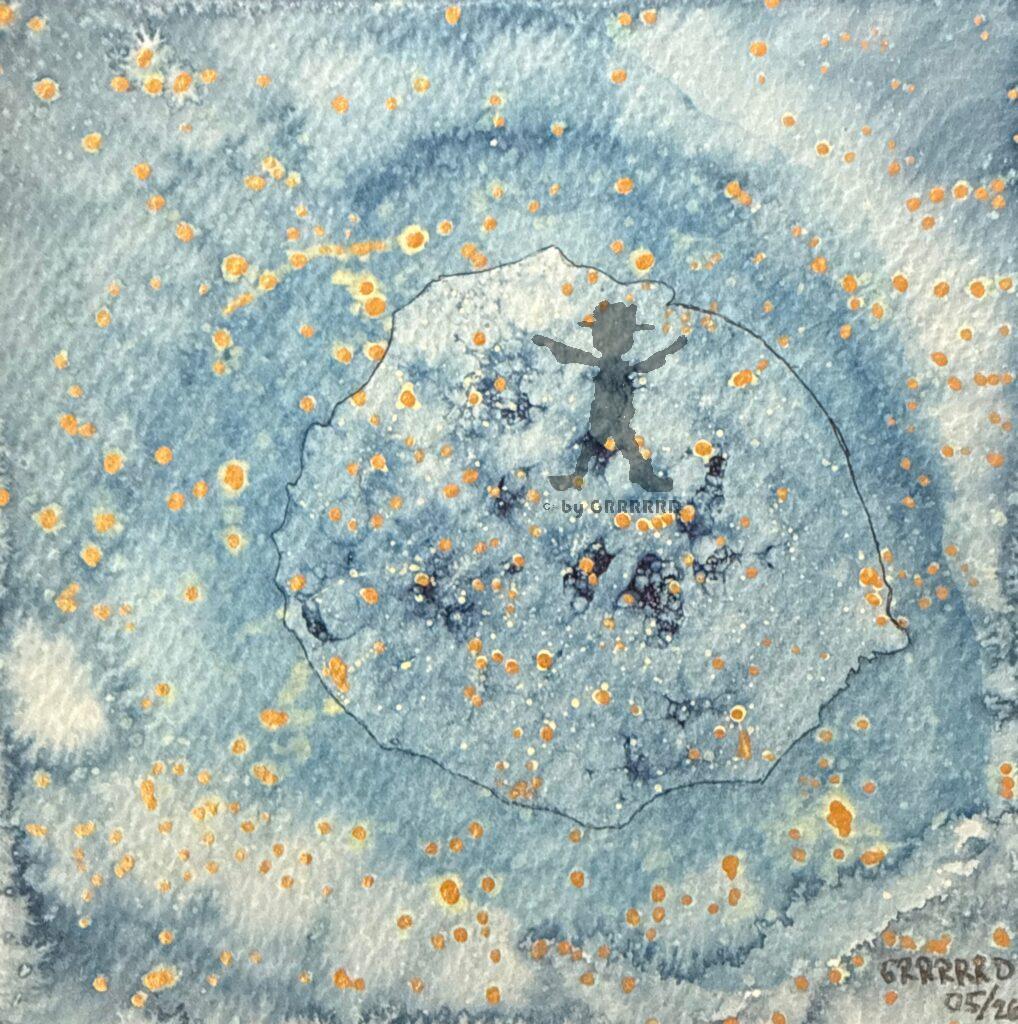Abstraktes Mixed-Media-Kunstwerk „Golden Galaxy“ in Blautönen mit goldenen Elementen, die die Unendlichkeit des Alls mit der Frage, ob es dort auch Grenzen gibt konfrontiert.