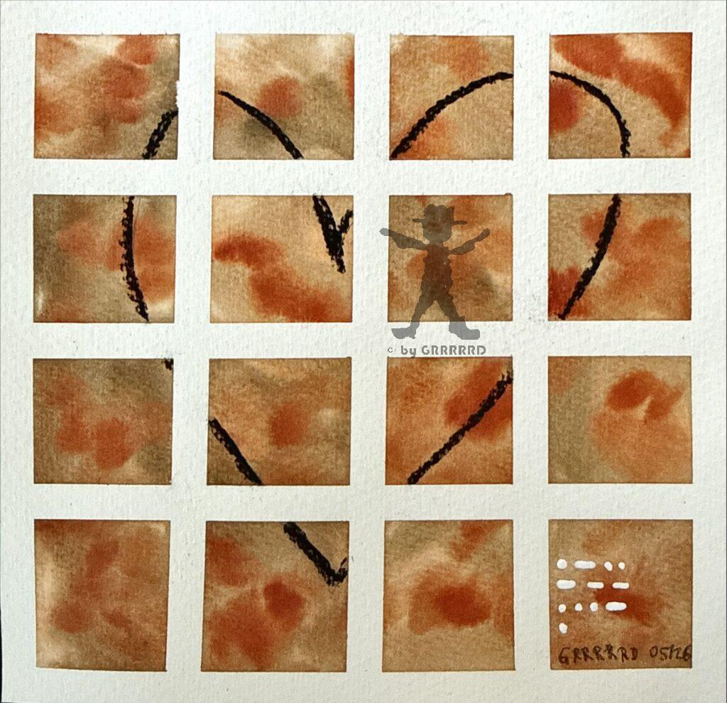 Abstraktes Mixed-Media-Kunstwerk „Morse“ zeigt ein schwarzes Herz und weiße Morsezeichen auf einem Meer von Brauntönen.