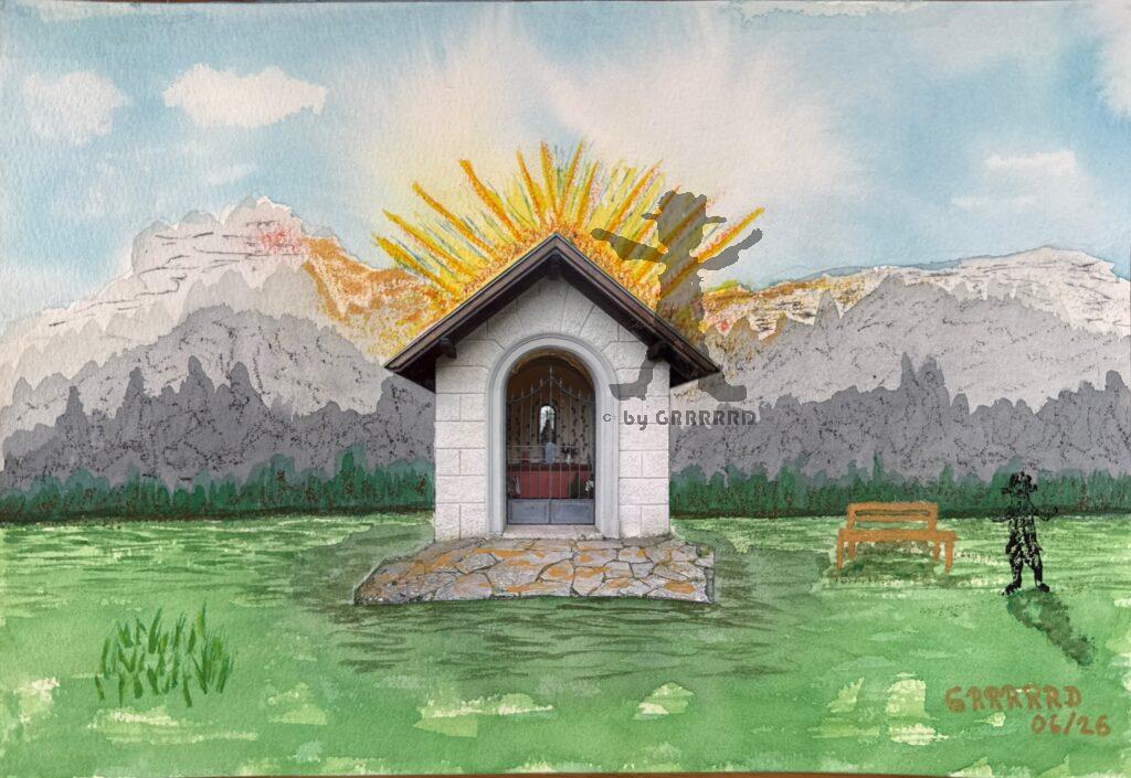Diese Mixed-Media-Photo-Art zeigt eine Kapelle im Zentrum. Ein Glorienschein scheint die Kapelle zu erstrahlen. Blauer Himmel, graue Berge und eine grüne Wiese bilden Hintergrund und Umfeld der weißen Kapelle. Neben der Kapelle steht eine goldene Bank, die den Wanderer zur Rast einlädt.