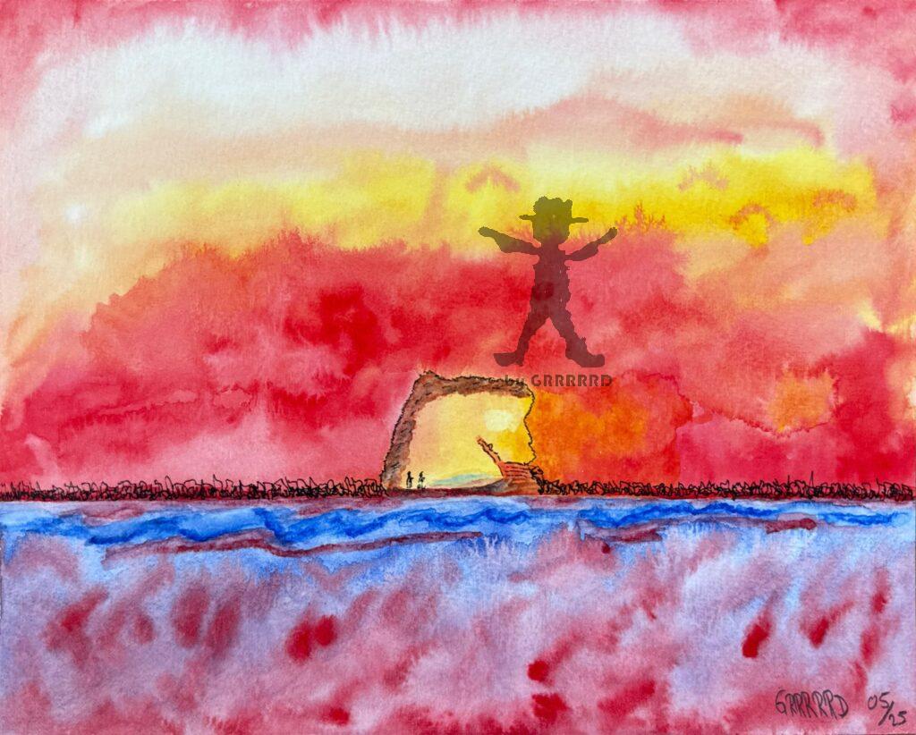 Rot ist die dominante Farbe dieses postapokalyptisch anmutenden Mixed Media Werkes.