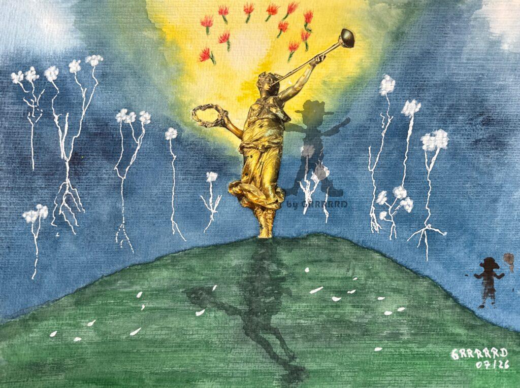 Diese Mixed-Media-Photo-Art zeigt einen trompetenden Engel auf einem Hügel vor der Sonne stehend und umgeben von weißen, schwebenden Pflanzen. Wie eine Glorie schweben rote Blüten über dem Engel.